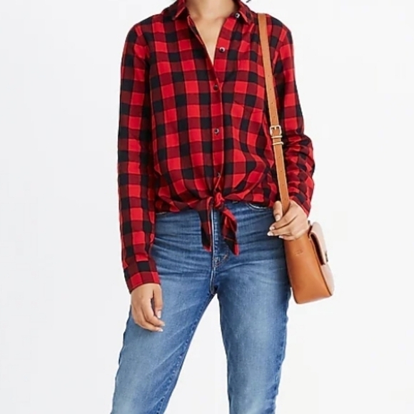 Madewell Tops - Madewell Red & Black Buffalo Plaid Tie Front Button Up Flannel Shirt Size Small